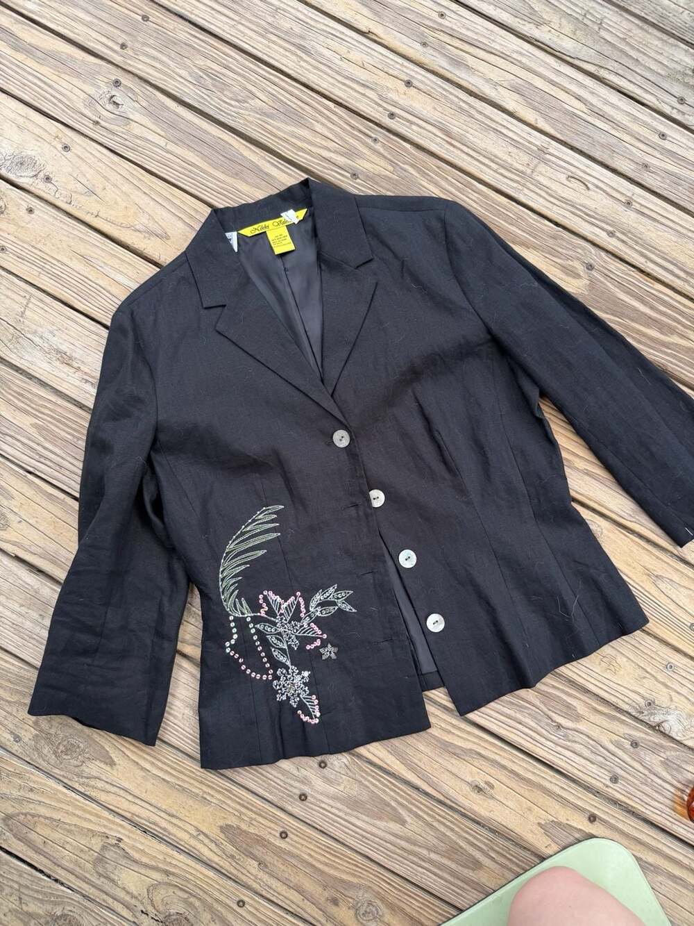 Nikki Valentine Size 10 Black 100% Irish Linen Embroidered Blazer